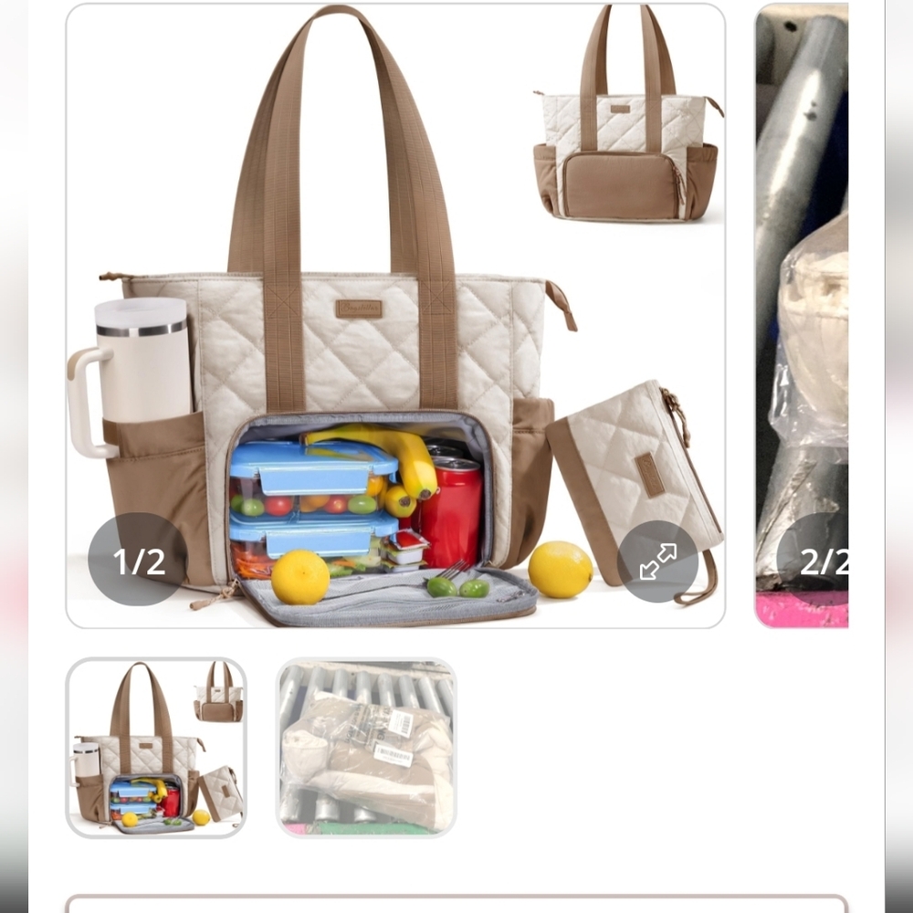 NWT Bagstellar Quilted Insulated Cooler Tote Bag in Beige and Cream